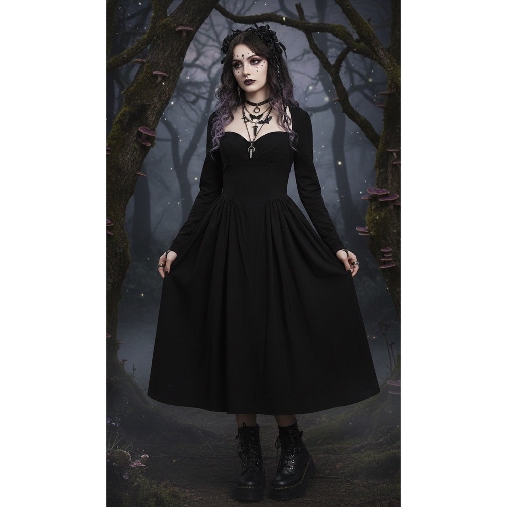 Whimsy 🖤Goth Black Midi Dress M Sweetheart Neck Long Sleeve Witchy Fairycore